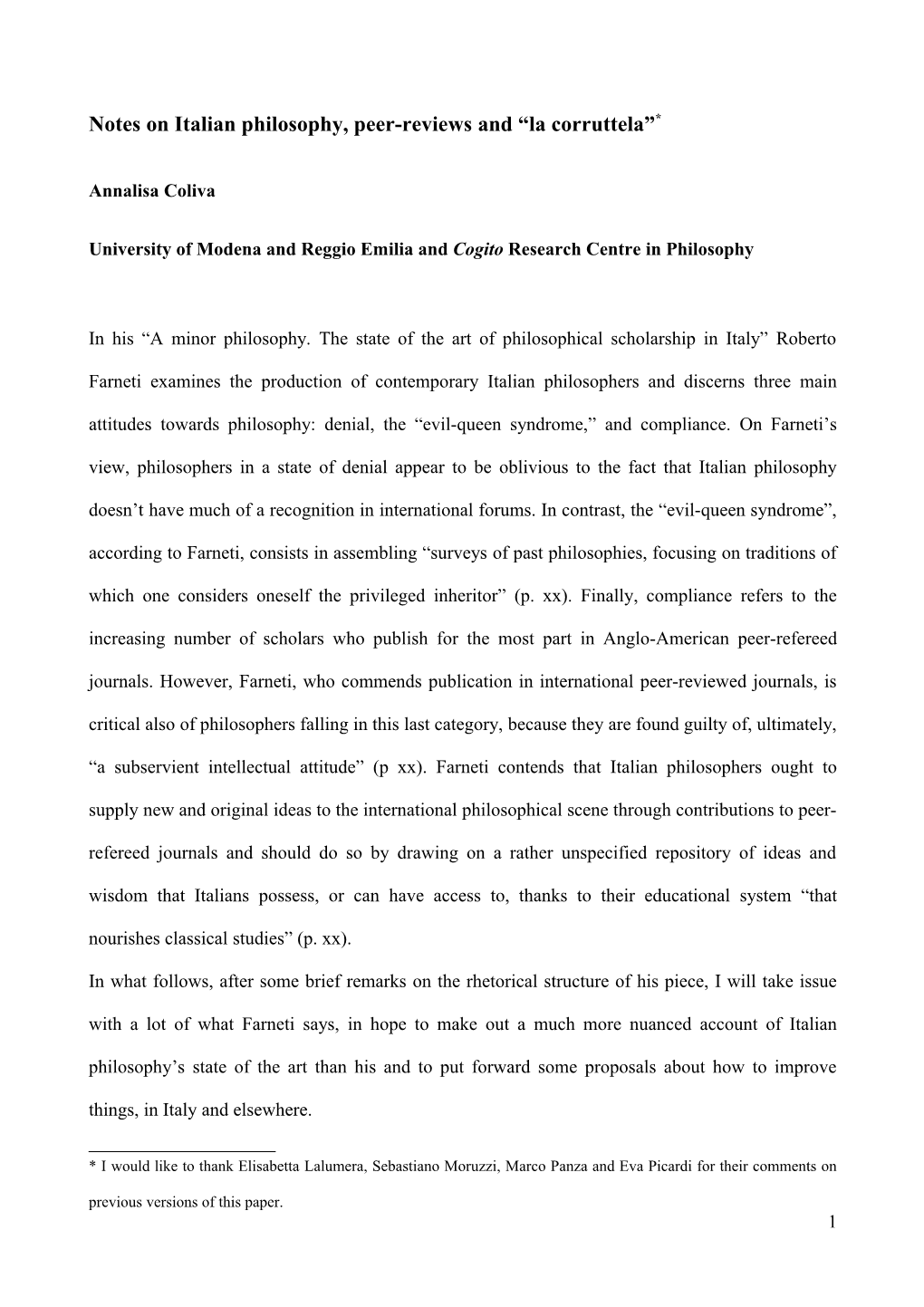 Notes on Italian Philosophy, Peer-Reviews and “La Corruttela”*