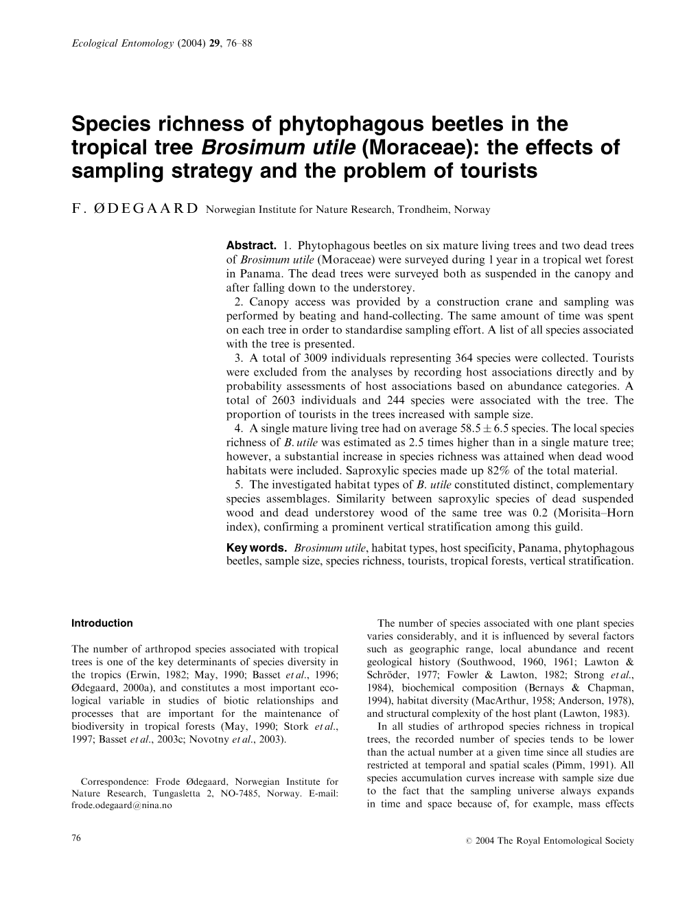 Species Richness of Phytophagous Beetles in the Tropical Tree Brosimum Utile (Moraceae): the Effects of Sampling Strategy and the Problem of Tourists