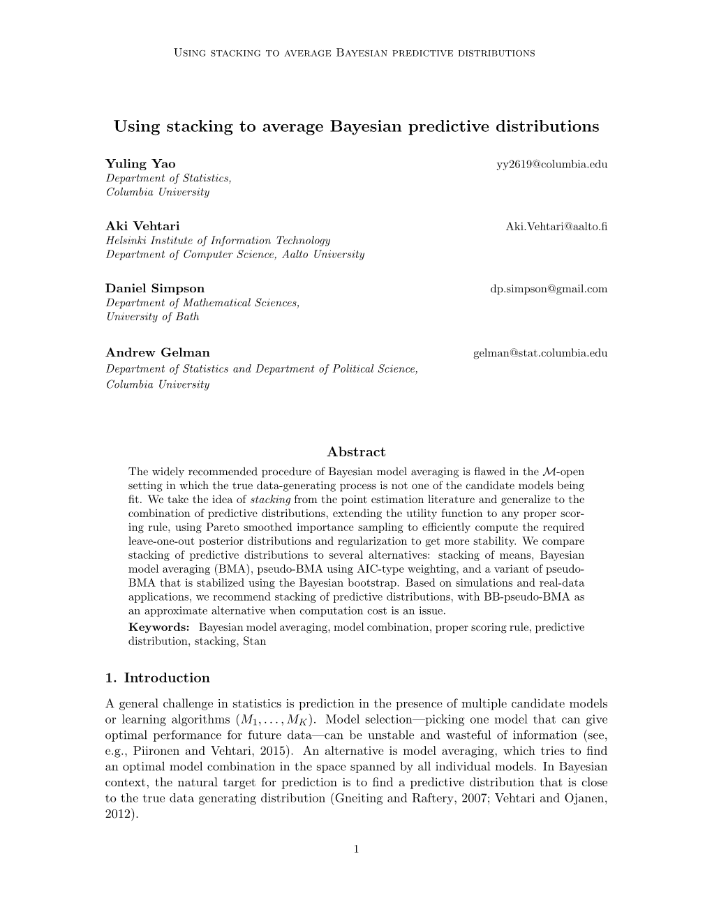 Using Stacking to Average Bayesian Predictive Distributions