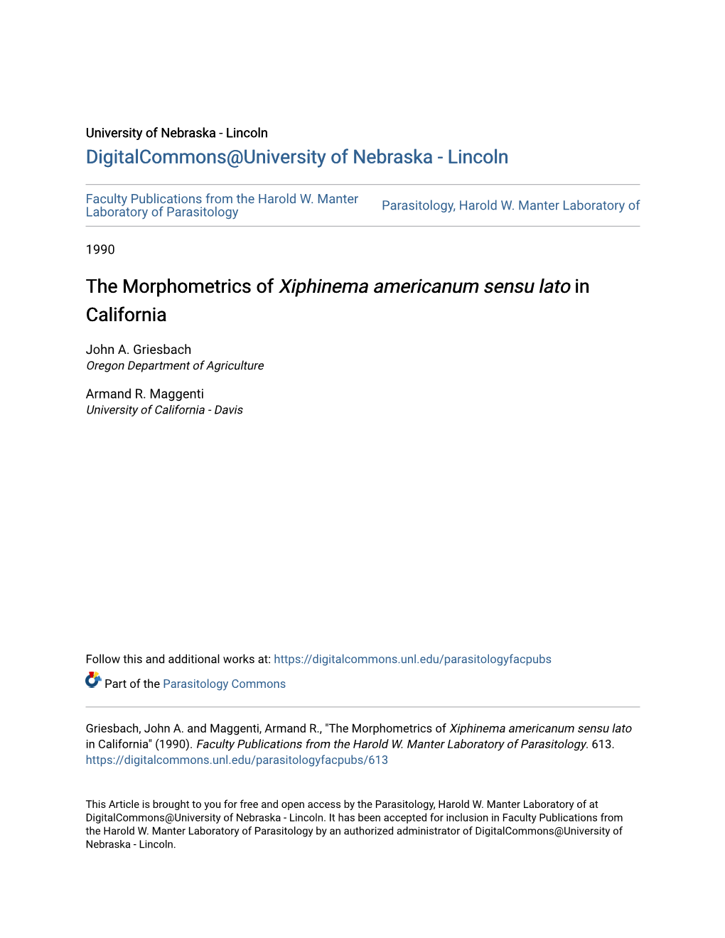 The Morphometrics of Xiphinema Americanum Sensu Lato in California