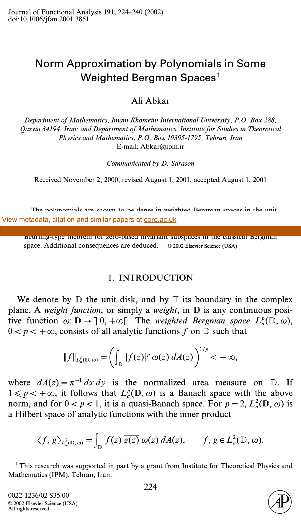 Norm Approximation by Polynomials in Some Weighted Bergman Spaces1