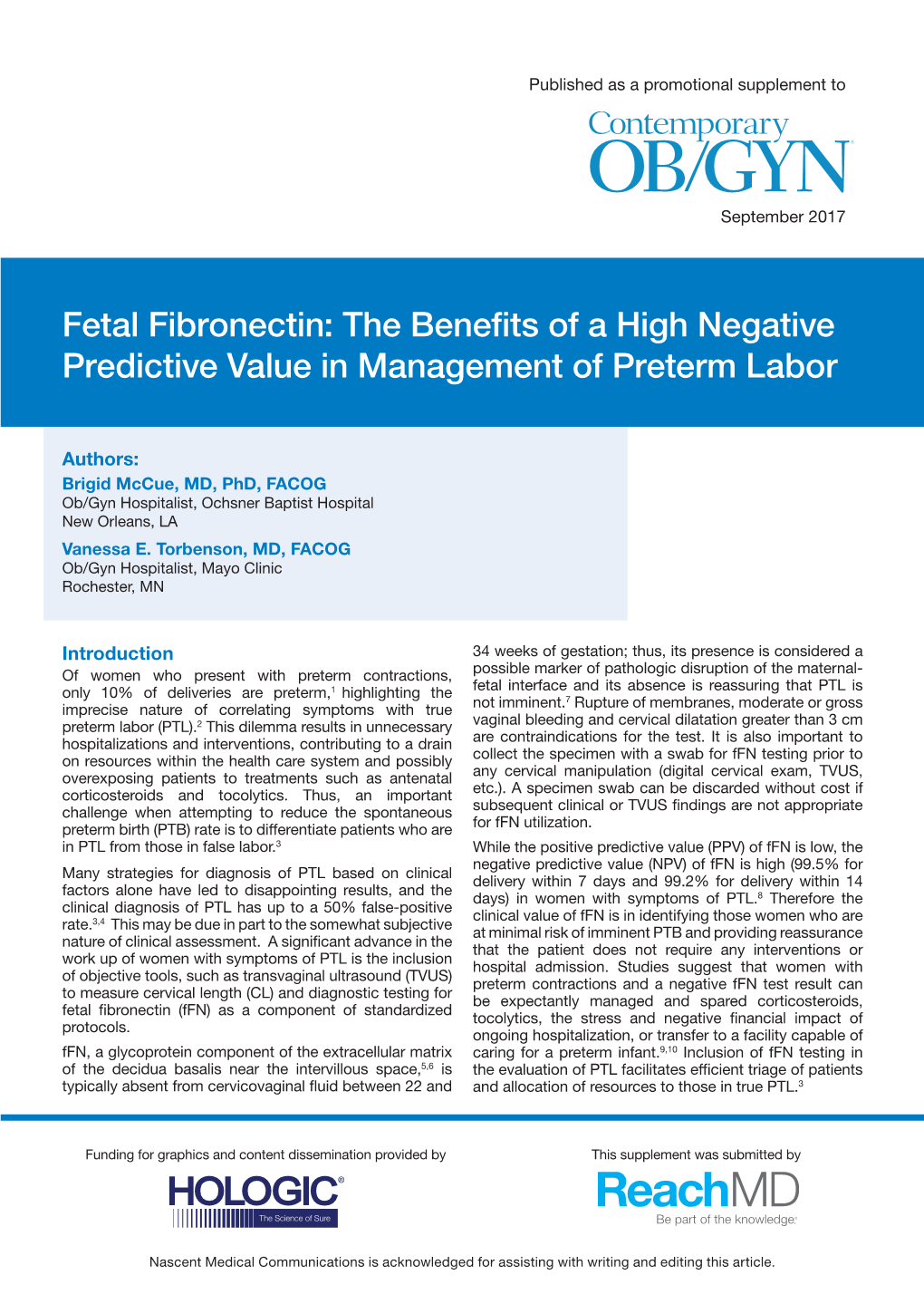 Fetal Fibronectin: the Benefits of a High Negative Predictive Value in Management of Preterm Labor