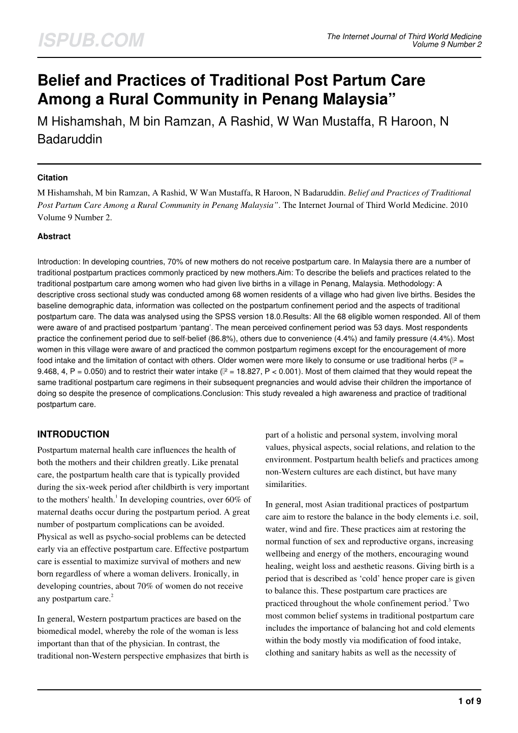 Belief and Practices of Traditional Post Partum Care Among