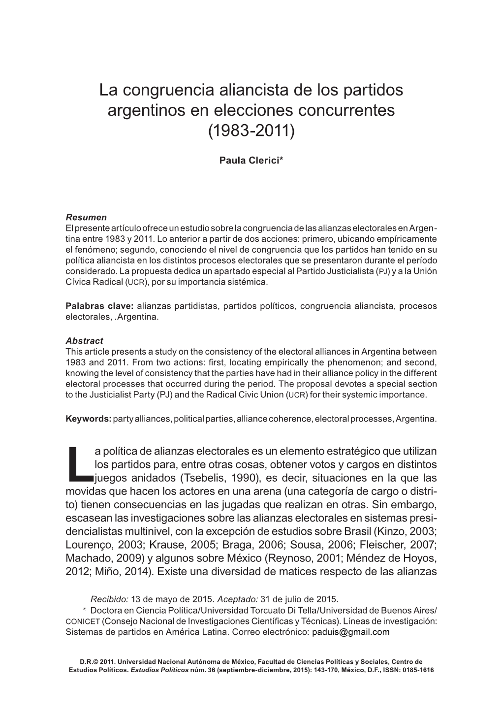 La Congruencia Aliancista De Los Partidos Argentinos En Elecciones Concurrentes (1983 -2011)