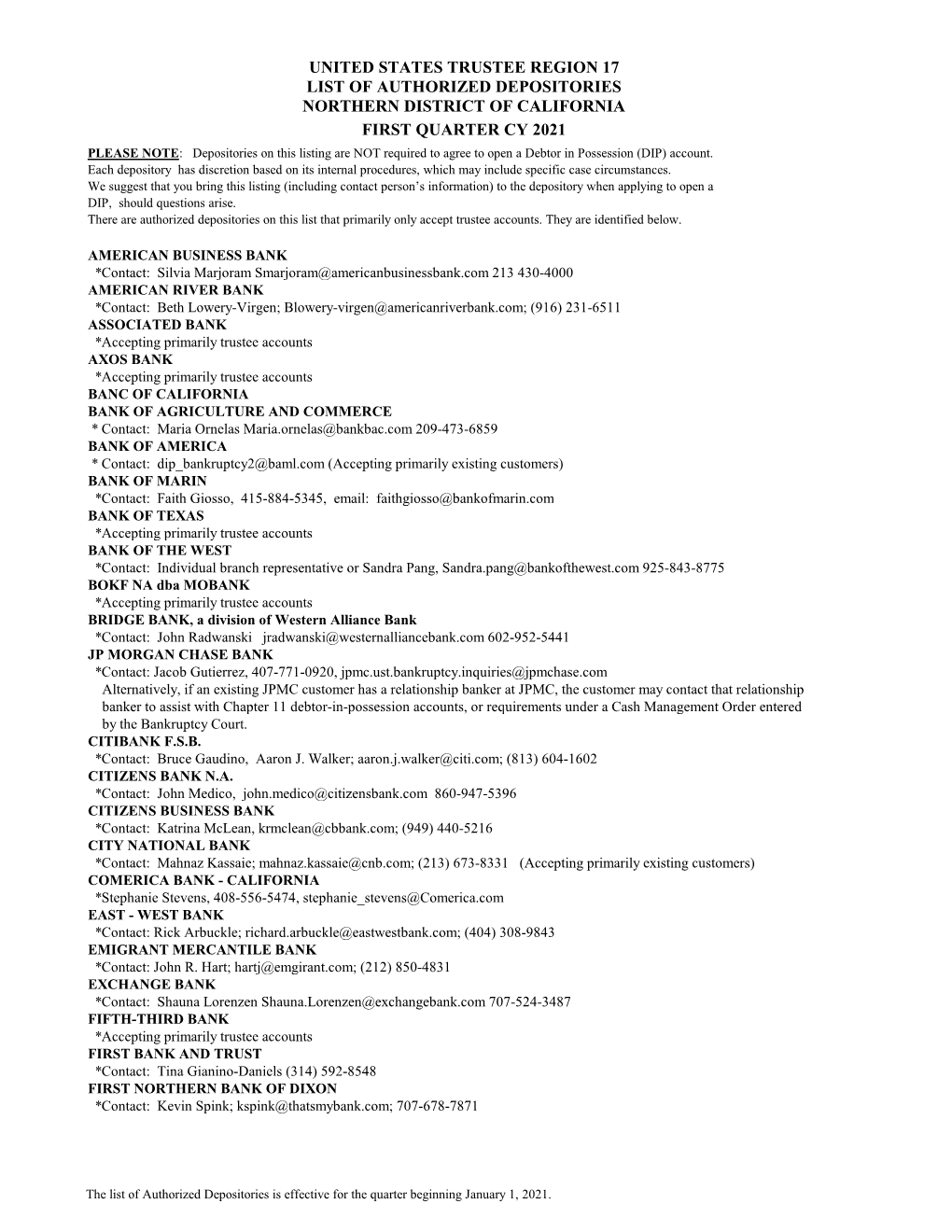 List of Authorized Depositories Northern District of California