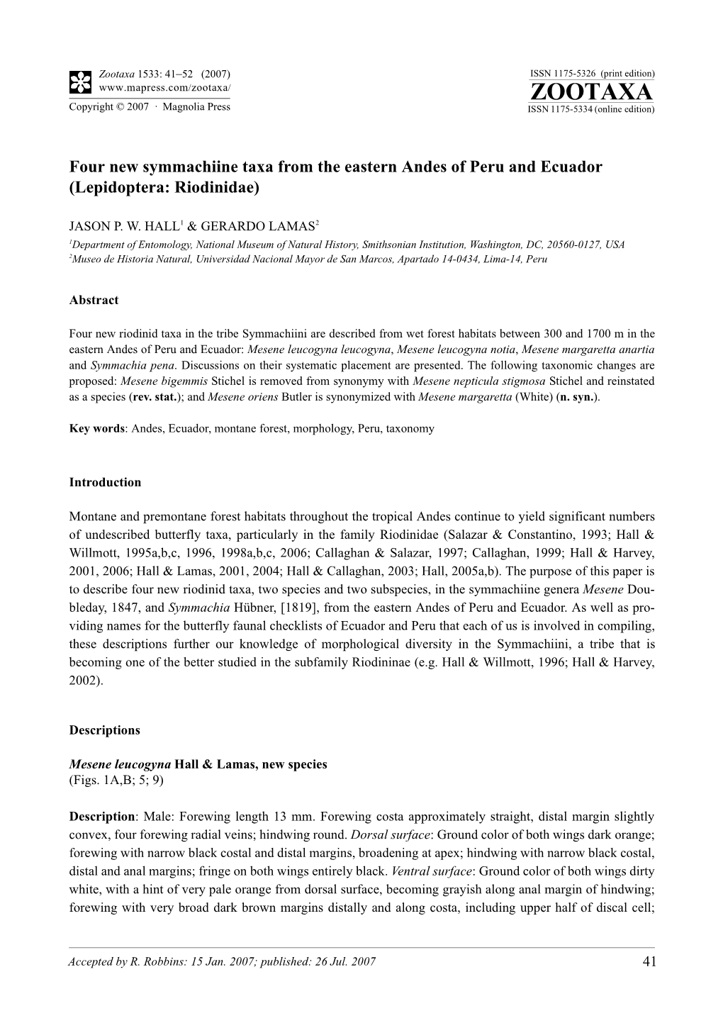 Zootaxa,Four New Symmachiine Taxa from the Eastern Andes of Peru And