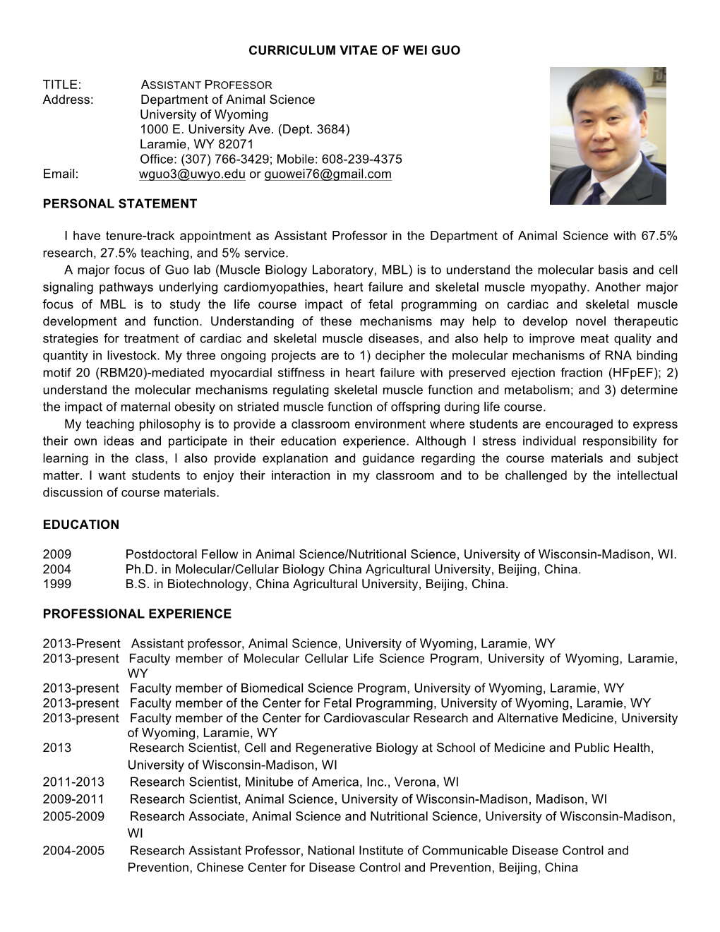 Curriculum Vitae of Wei Guo Title