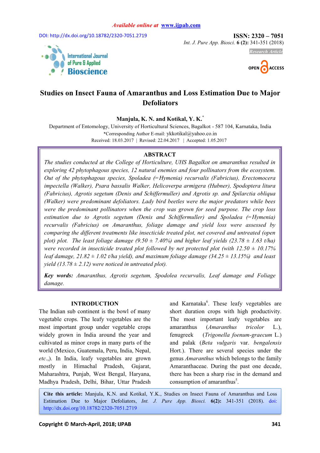 Studies on Insect Fauna of Amaranthus and Loss Estimation Due to Major Defoliators