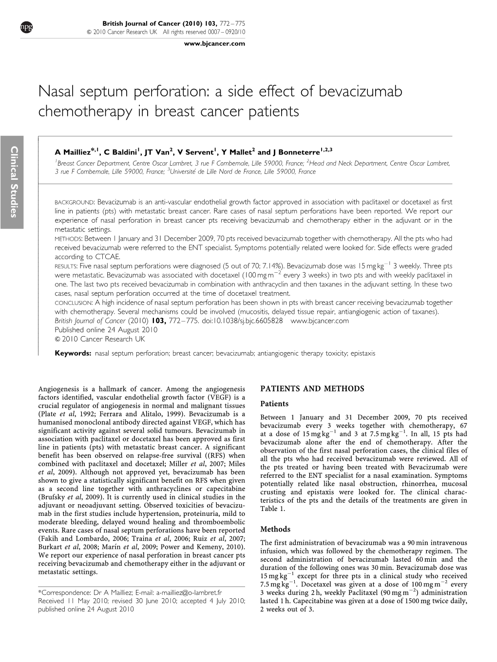 Nasal Septum Perforation: a Side Effect of Bevacizumab Chemotherapy in Breast Cancer Patients