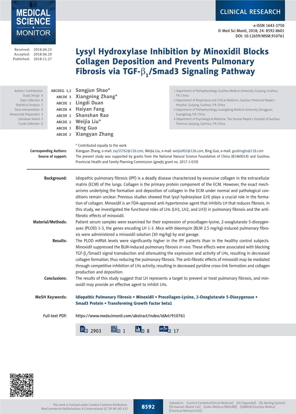 Lysyl Hydroxylase Inhibition by Minoxidil Blocks Collagen Deposition and Prevents Pulmonary Fibrosis Via TGF-Β /Smad3 Signaling