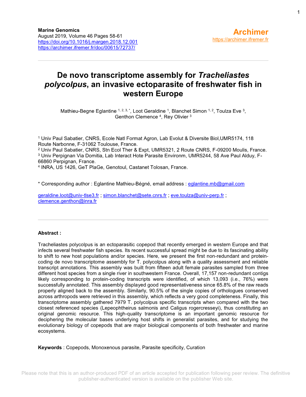 De Novo Transcriptome Assembly for Tracheliastes Polycolpus, an Invasive Ectoparasite of Freshwater Fish in Western Europe