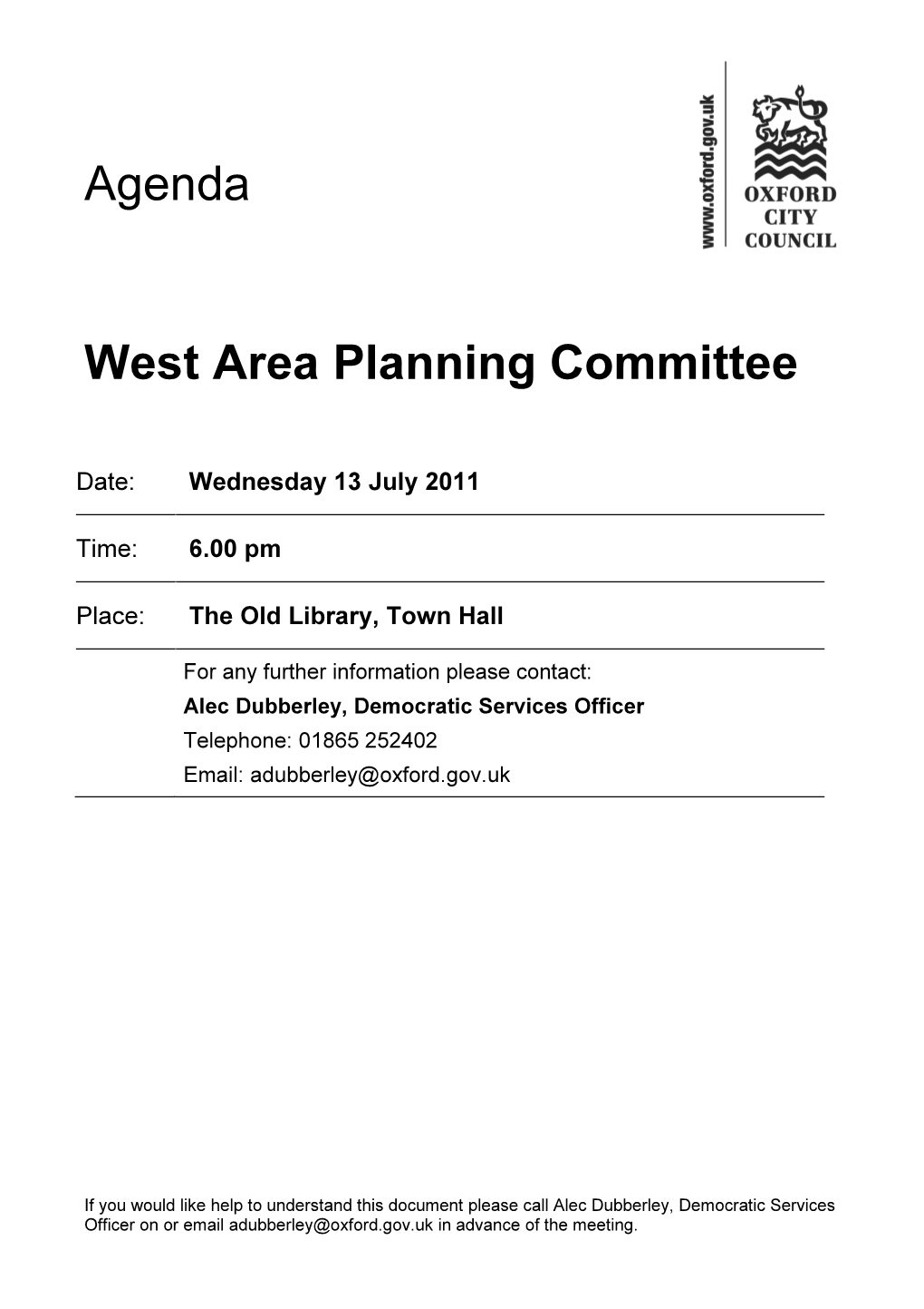 Agenda West Area Planning Committee