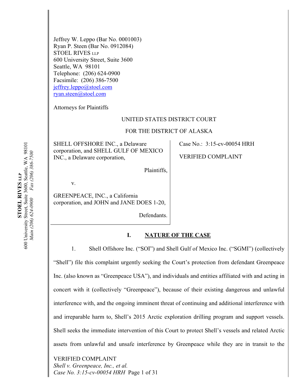 VERIFIED COMPLAINT Shell V. Greenpeace, Inc., Et Al. Case No. 3