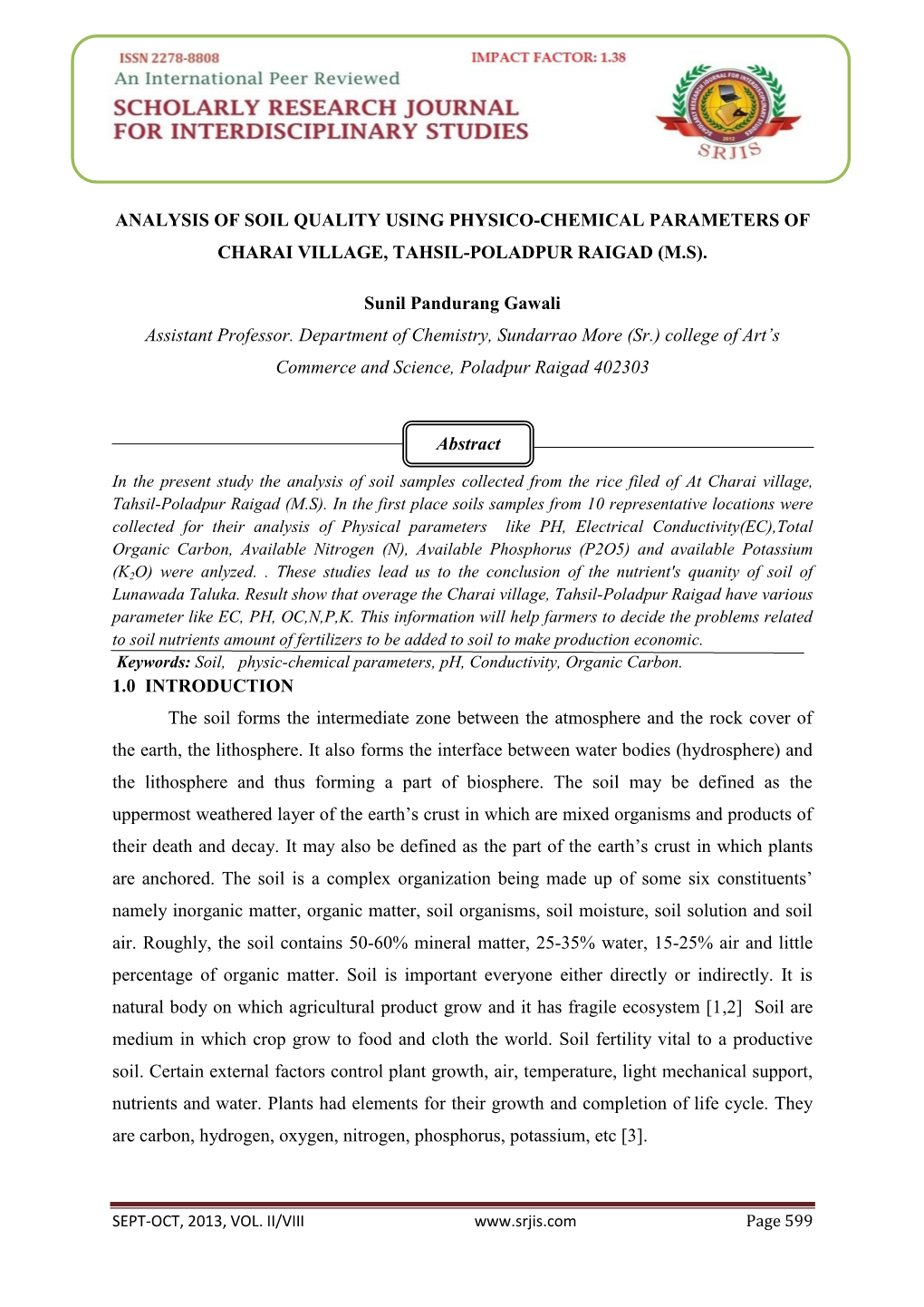 Analysis of Soil Quality Using Physico-Chemical Parameters of Charai Village, Tahsil-Poladpur Raigad (M.S)