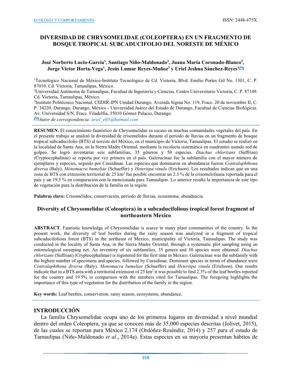 Diversidad De Chrysomelidae (Coleoptera) En Un Fragmento De Bosque Tropical Subcaducifolio Del Noreste De México