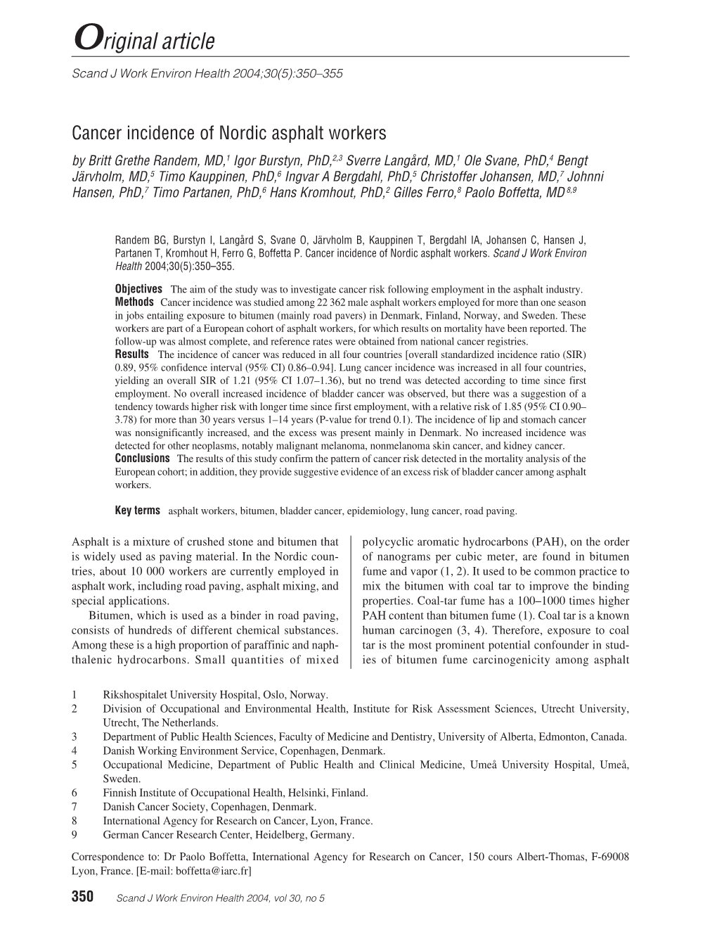 Cancer Incidence of Nordic Asphalt Workers