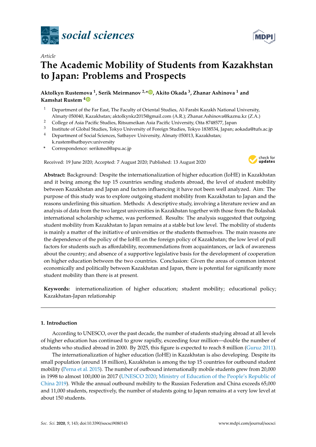 The Academic Mobility of Students from Kazakhstan to Japan: Problems and Prospects