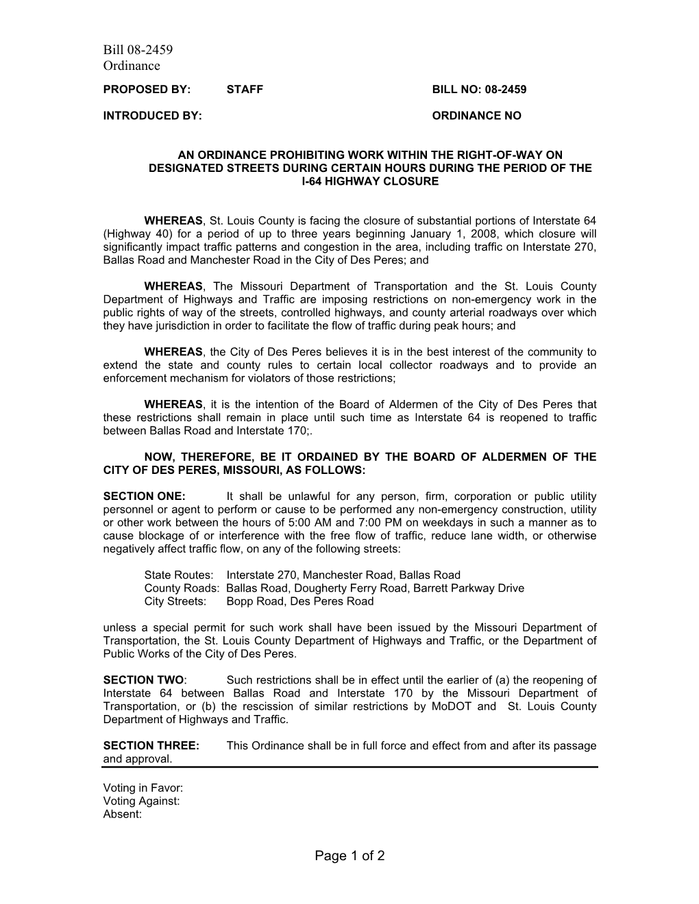 Bill 08-2459 Ordinance PROPOSED BY: STAFF BILL NO: 08-2459