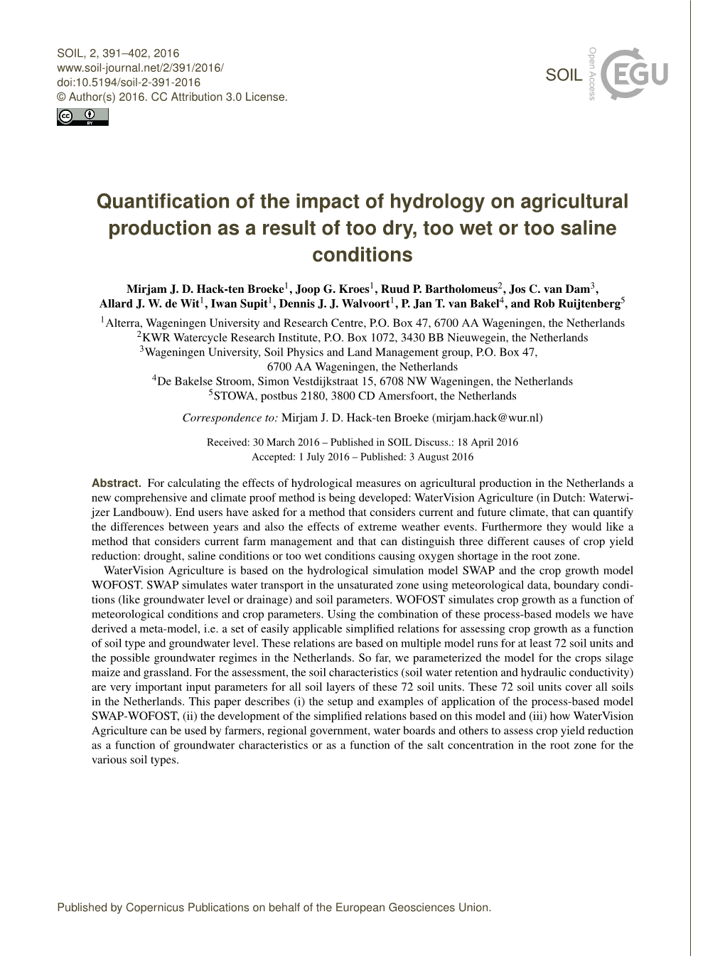 Quantification of the Impact of Hydrology on Agricultural