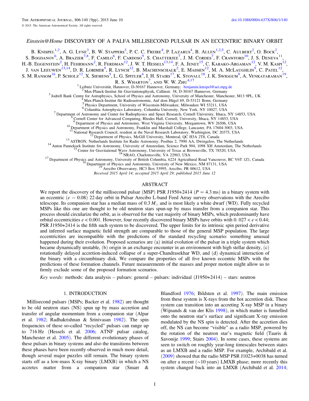 Einstein@Home DISCOVERY of a PALFA MILLISECOND PULSAR in an ECCENTRIC BINARY ORBIT B