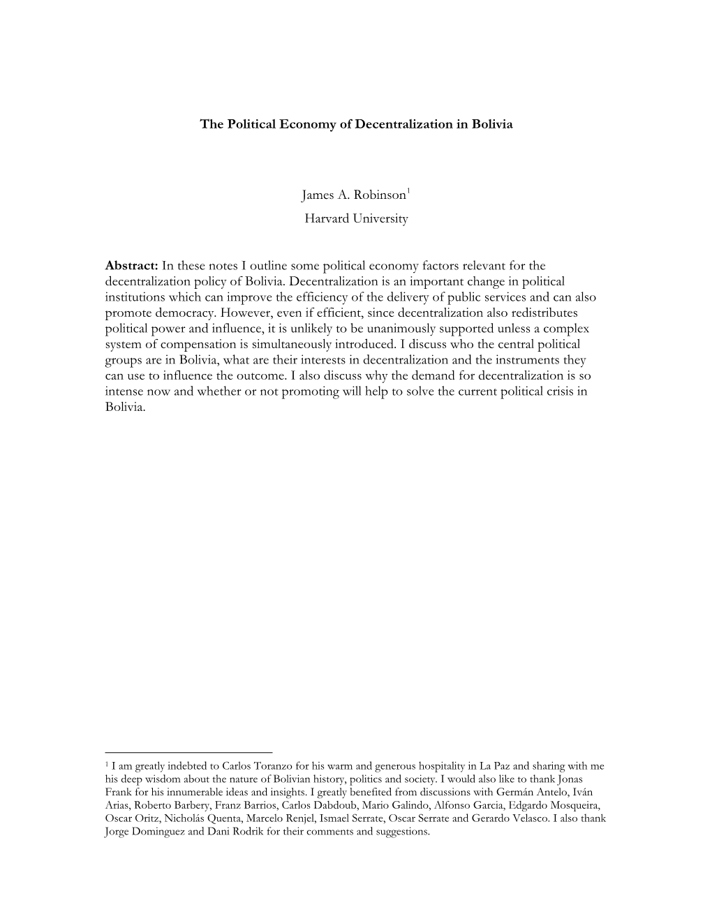 The Political Economy of Decentralization in Bolivia: The