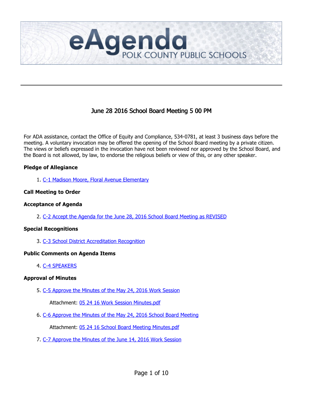 June 28 2016 School Board Meeting 5 00 PM Page 1 of 10