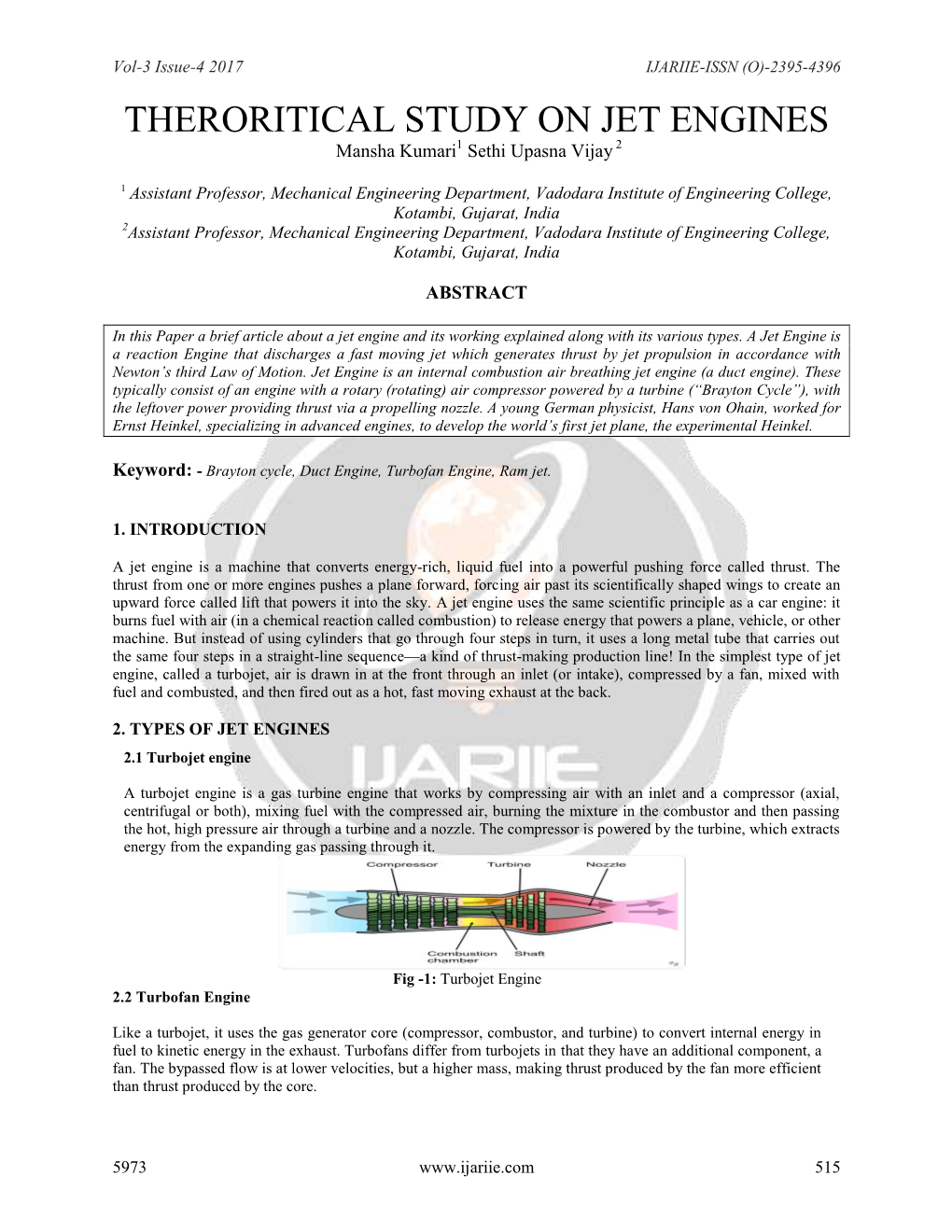 THERORITICAL STUDY on JET ENGINES Mansha Kumari1 Sethi Upasna Vijay 2