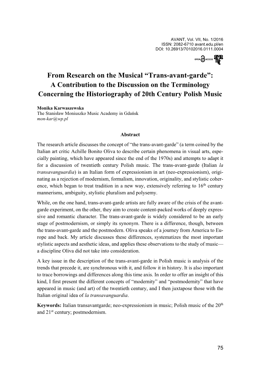 From Research on the Musical “Trans-Avant-Garde”: a Contribution to the Discussion on the Terminology Concerning the Historiography of 20Th Century Polish Music