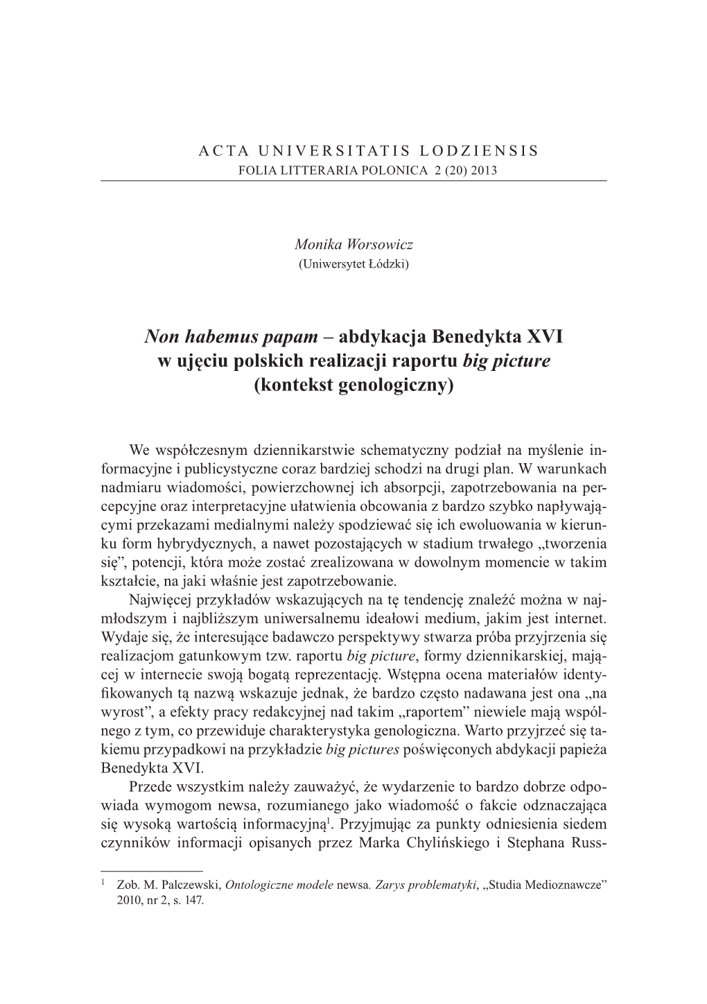 Abdykacja Benedykta XVI W Ujęciu Polskich Realizacji Raportu Big Picture (Kontekst Genologiczny)