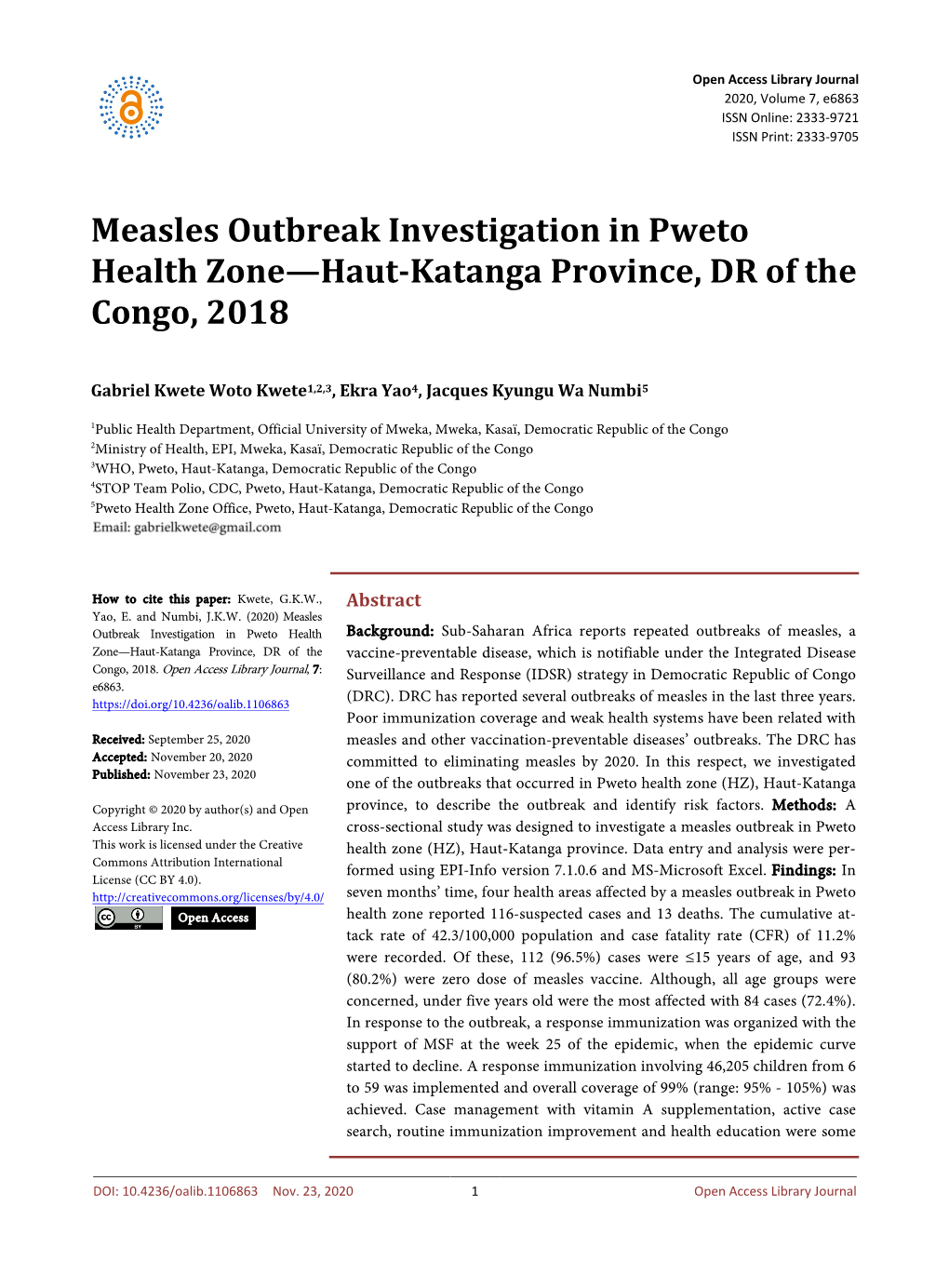 Measles Outbreak Investigation in Pweto Health Zone—Haut-Katanga Province, DR of the Congo, 2018