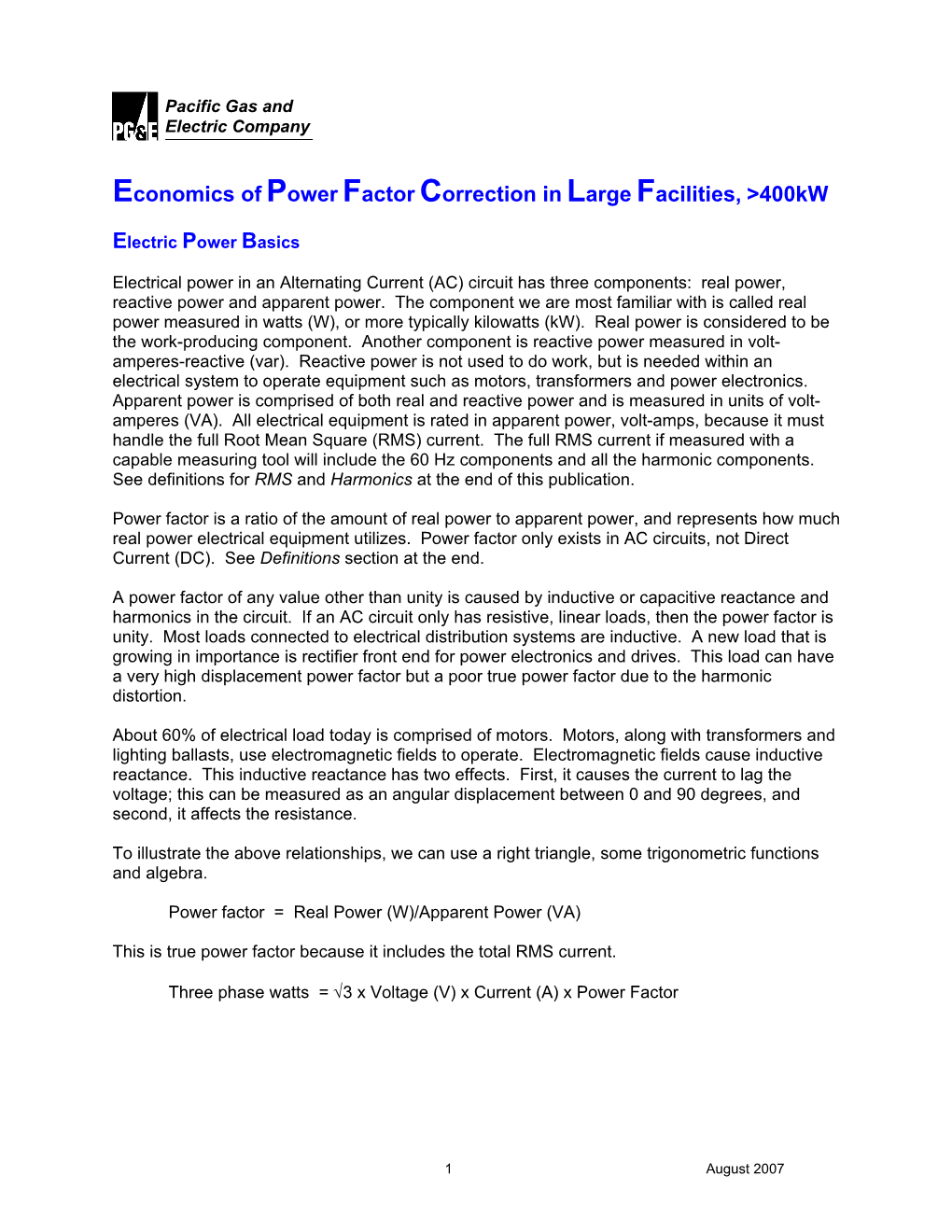 Economics of Power Factor Correction in Large Facilities, &gt;400Kw