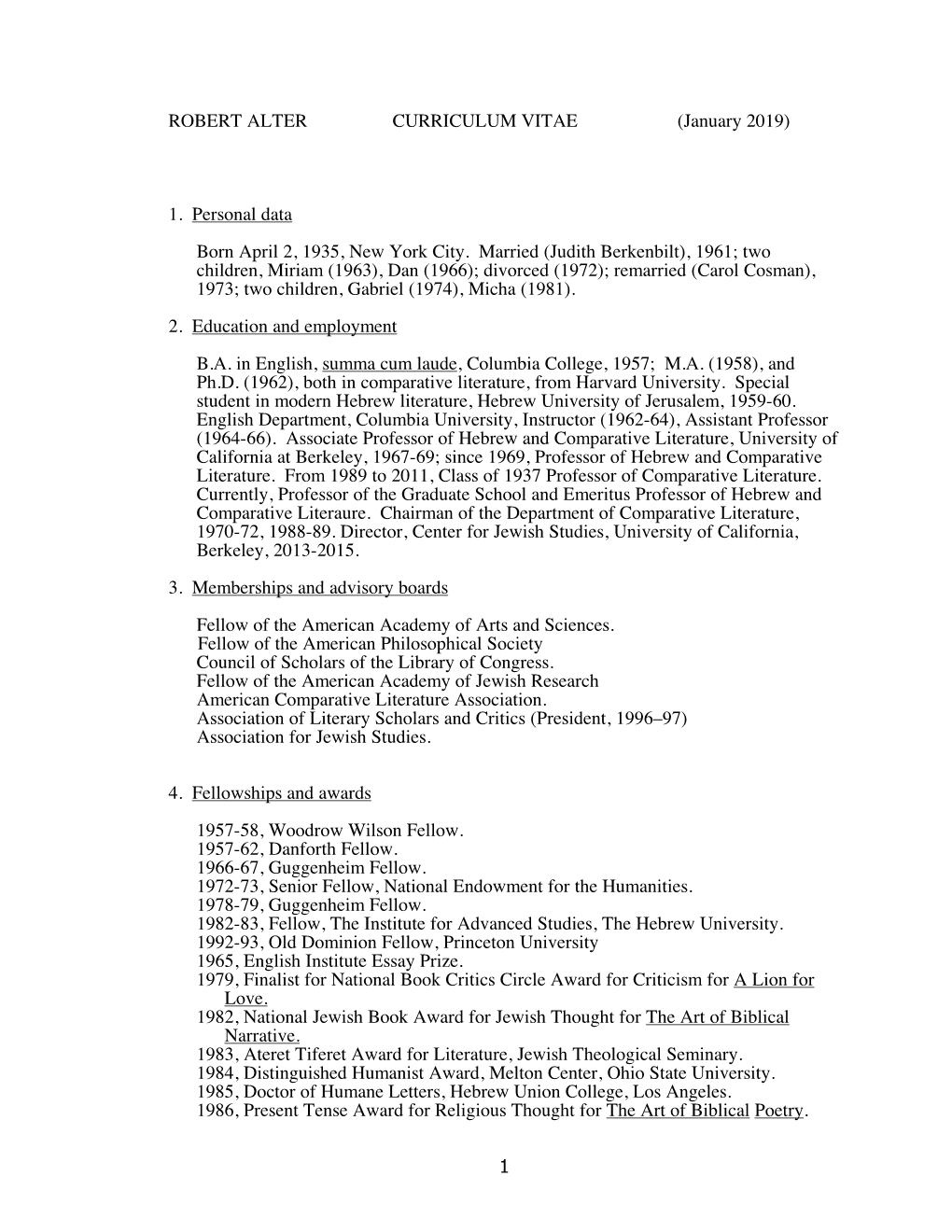 1 ROBERT ALTER CURRICULUM VITAE (January 2019) 1. Personal