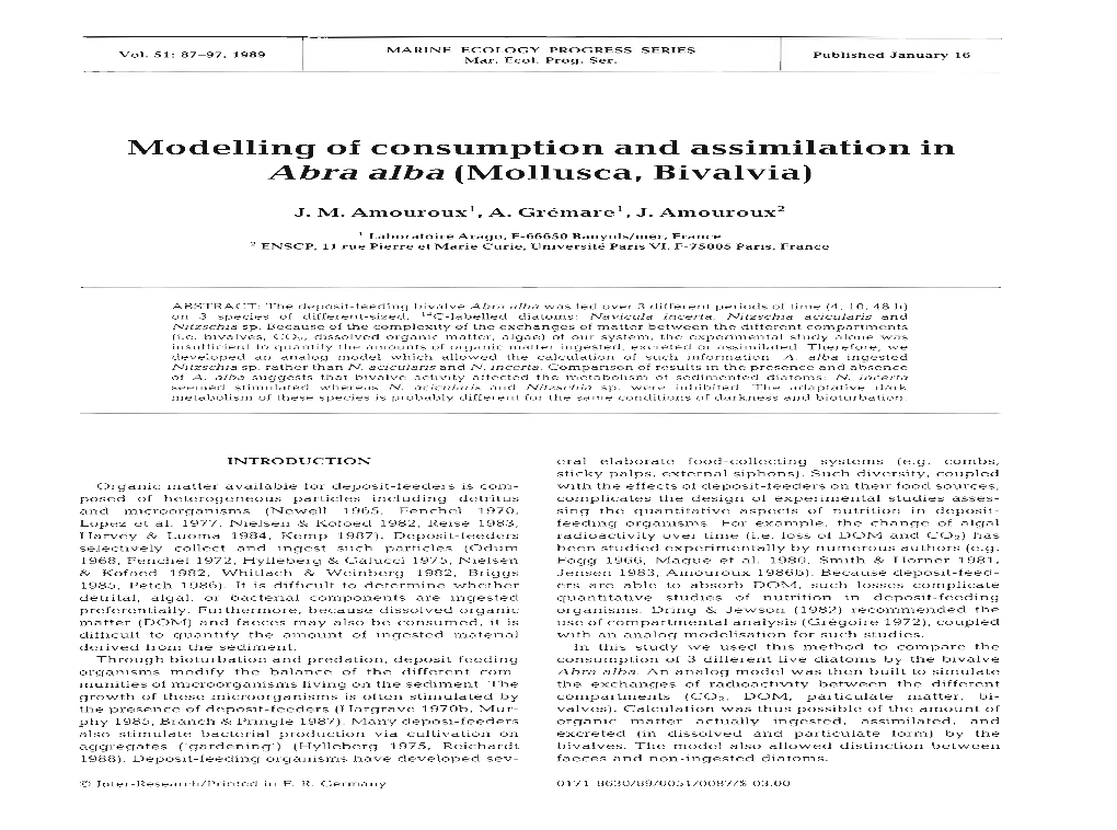 Modelling of Consumption and Assimilation in Abra Alba (Mollusca, Bivalvia)