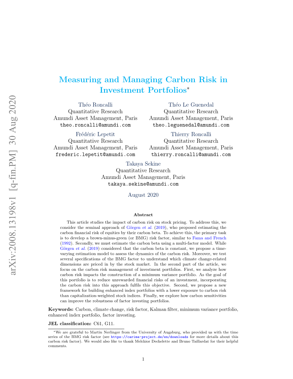 Measuring and Managing Carbon Risk in Investment Portfolios∗