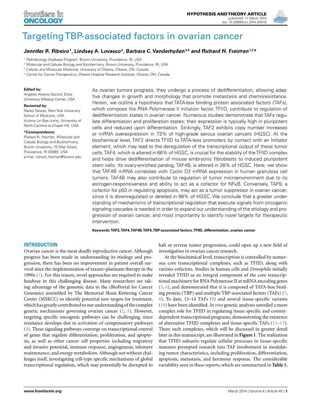 Targeting TBP-Associated Factors in Ovarian Cancer