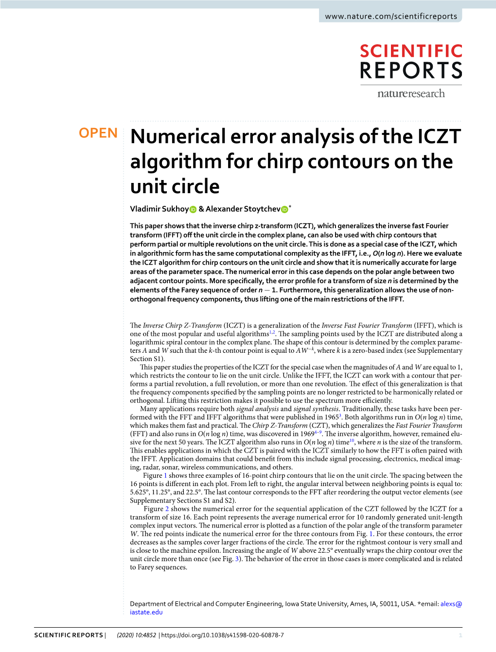 Numerical Error Analysis of the ICZT Algorithm for Chirp Contours on the Unit Circle Vladimir Sukhoy & Alexander Stoytchev *