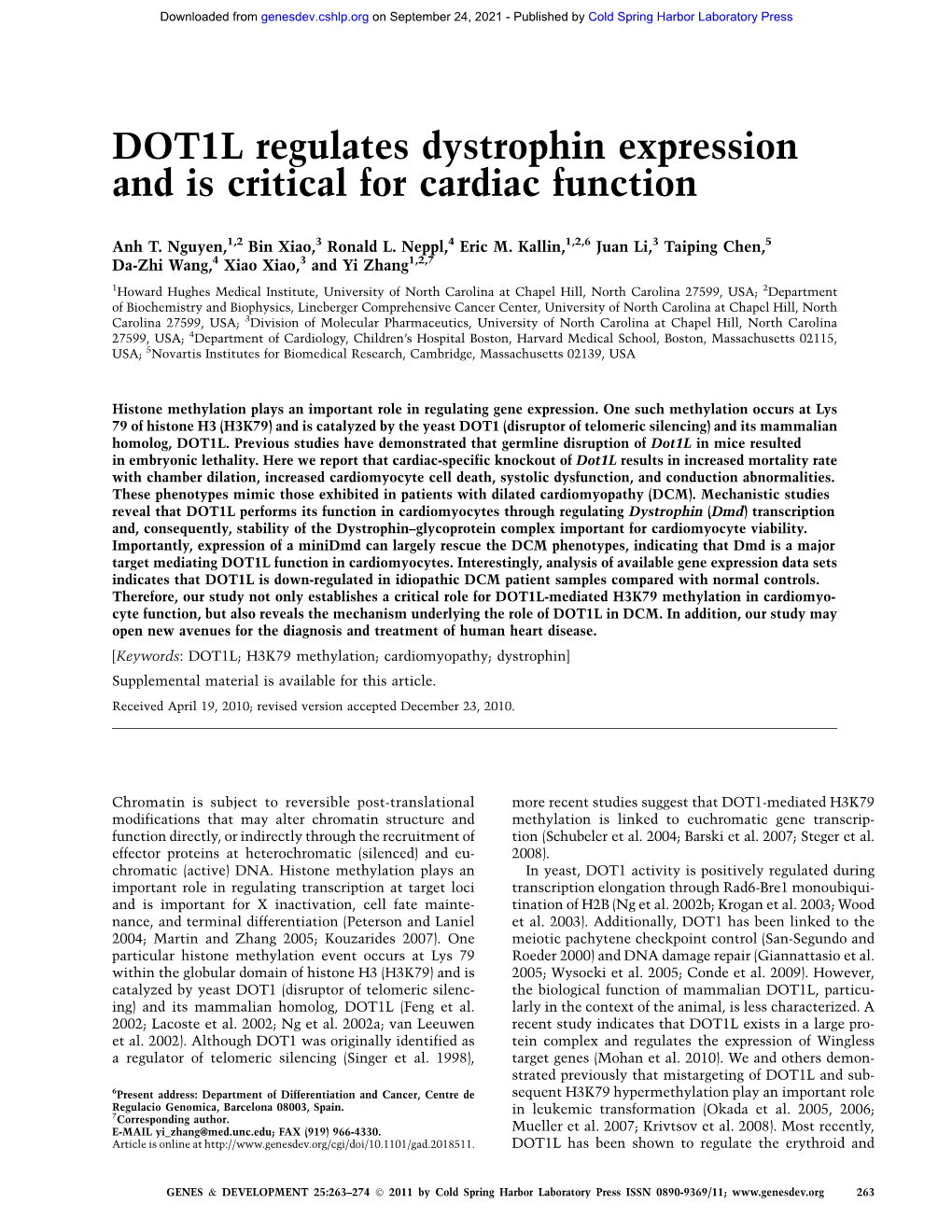 DOT1L Regulates Dystrophin Expression and Is Critical for Cardiac Function