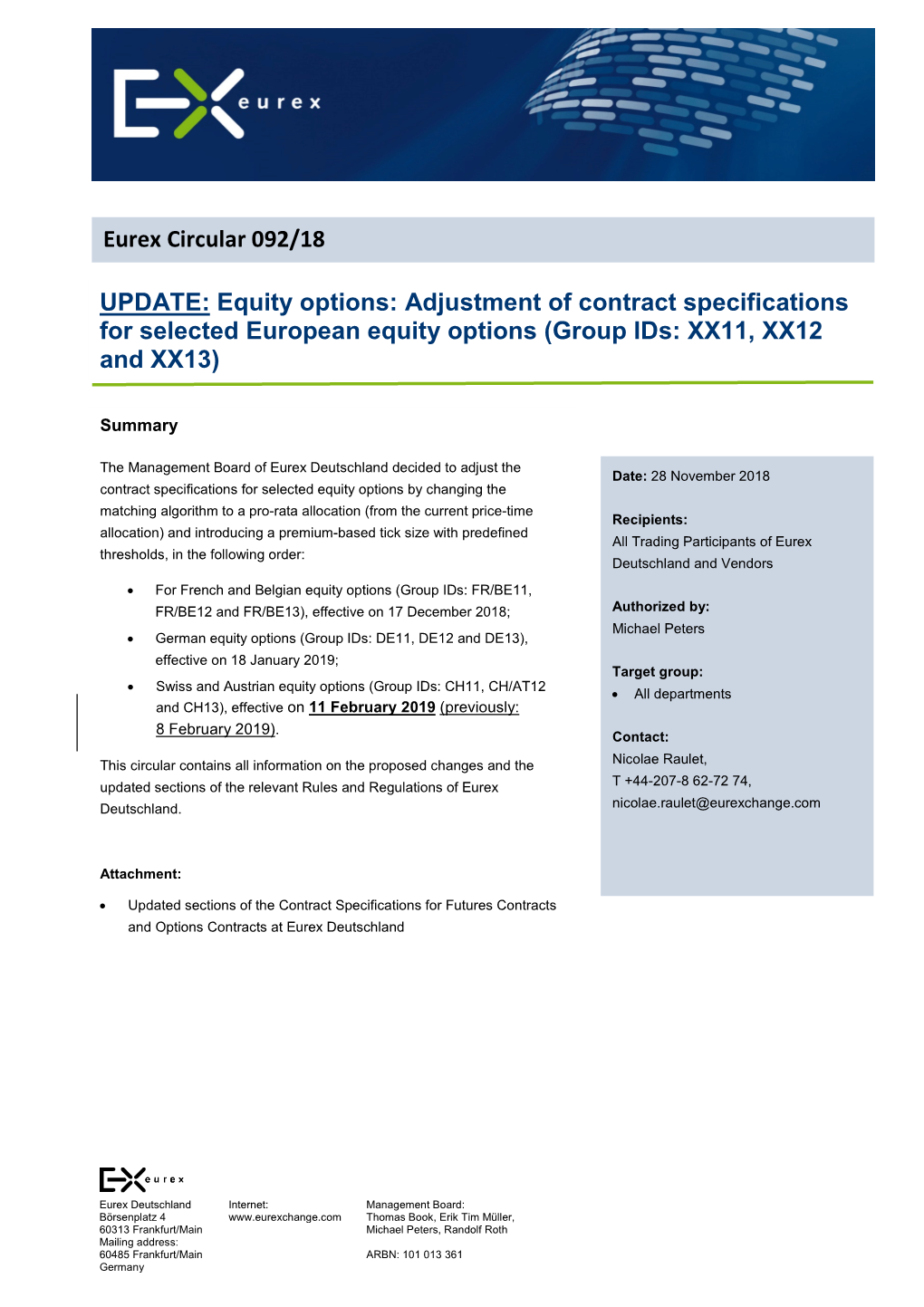 Equity Options: Adjustment of Contract Specifications for Selected European Equity Options (Group Ids: XX11, XX12 and XX13)