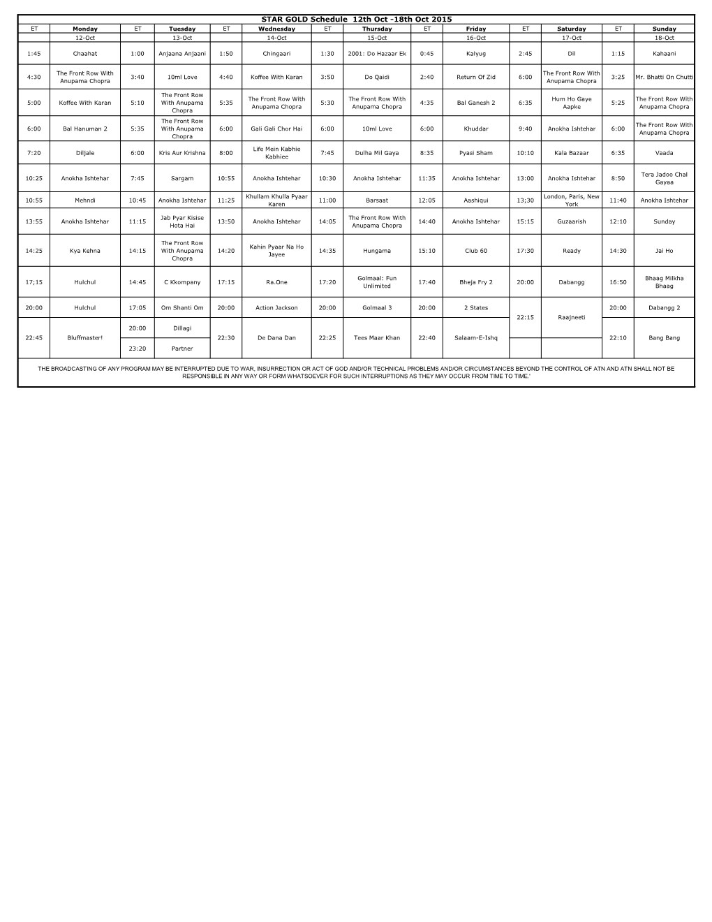 STAR GOLD Schedule 12Th Oct -18Th Oct 2015