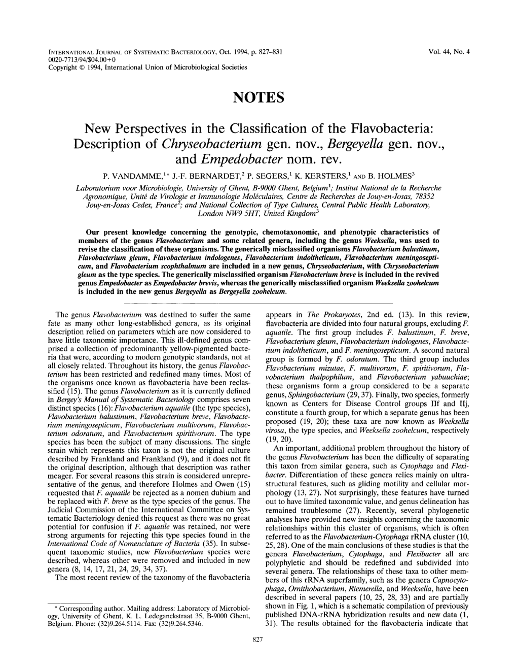 New Perspectives in the Classification of the Flavobacteria: Description of Chryseobacterium Gen