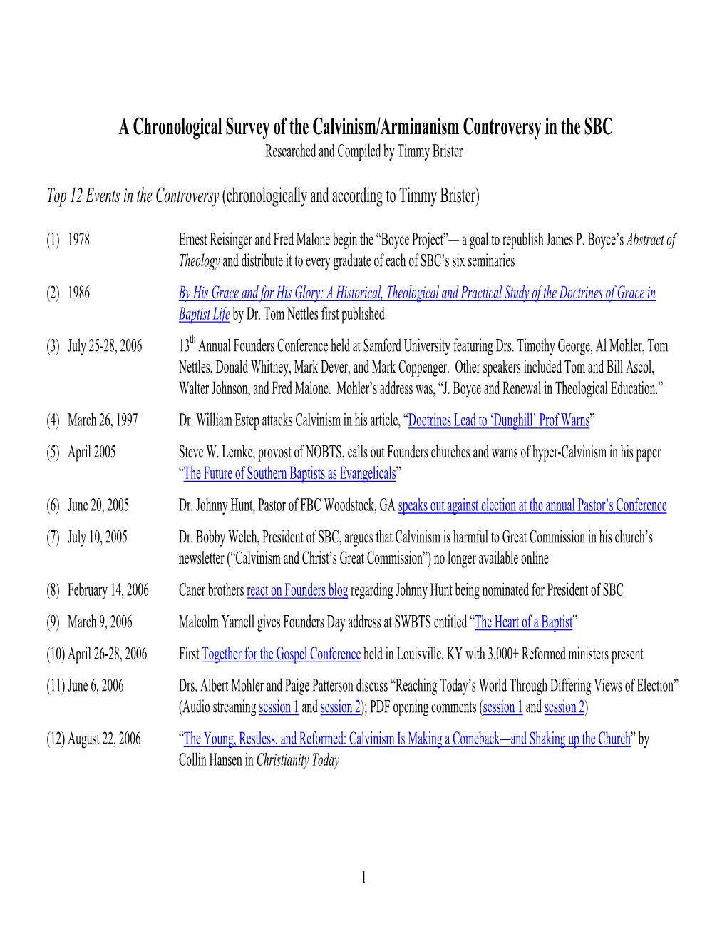 A Chronological Survey of the Calvinism/Arminanism Controversy in the SBC Researched and Compiled by Timmy Brister