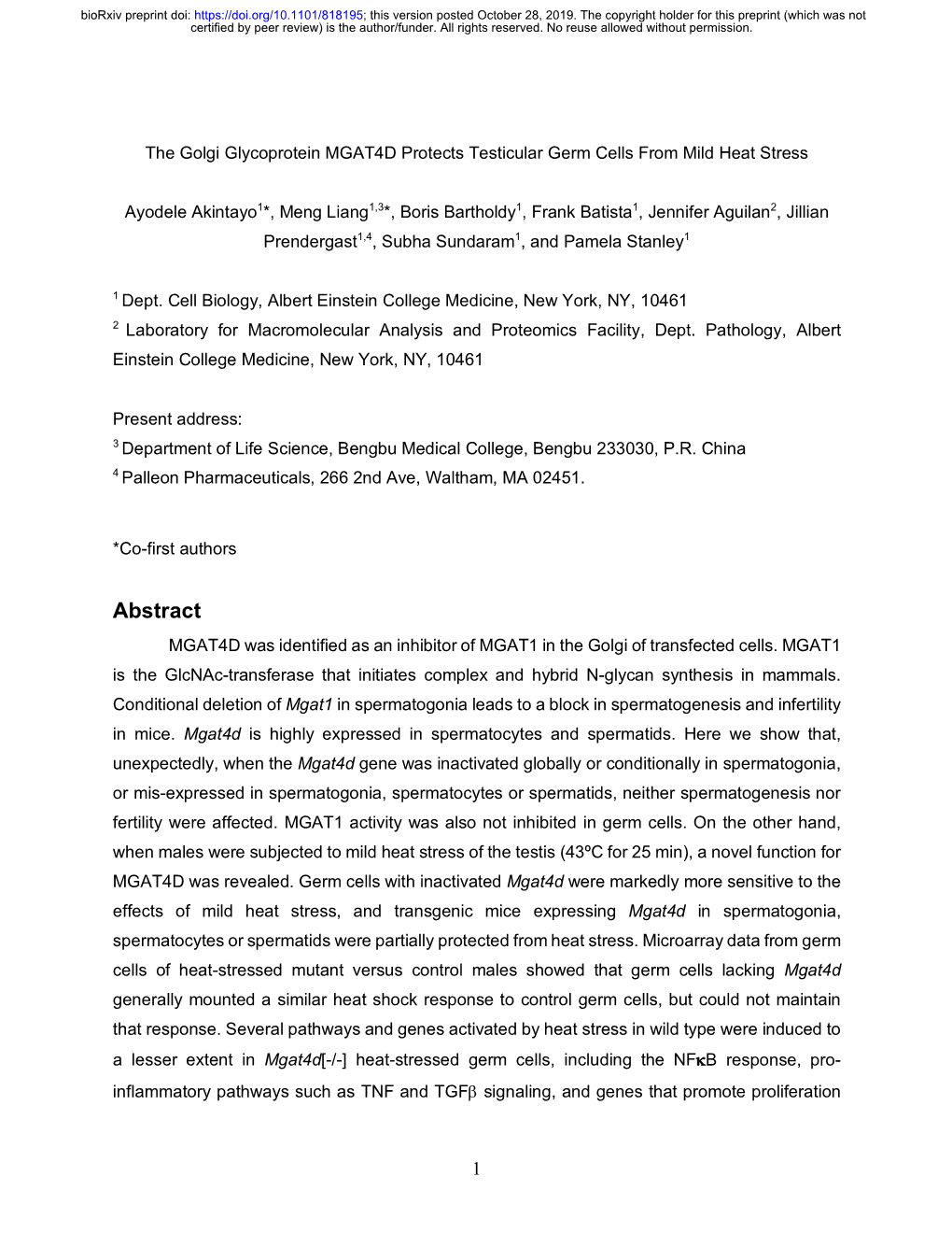 The Golgi Glycoprotein MGAT4D Is an Intrinsic Protector of Testicular