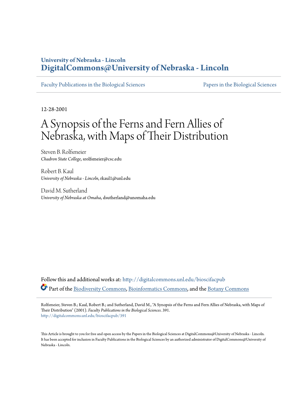 A Synopsis of the Ferns and Fern Allies of Nebraska, with Maps of Their Distribution Steven B