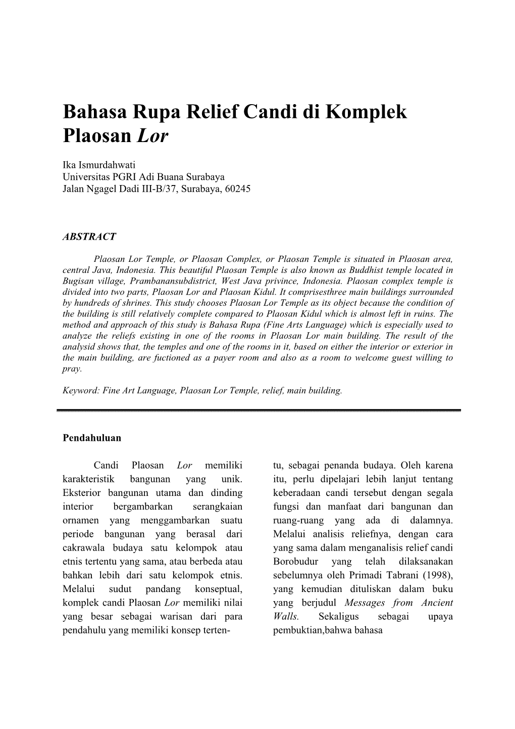 Bahasa Rupa Relief Candi Di Komplek Plaosan Lor