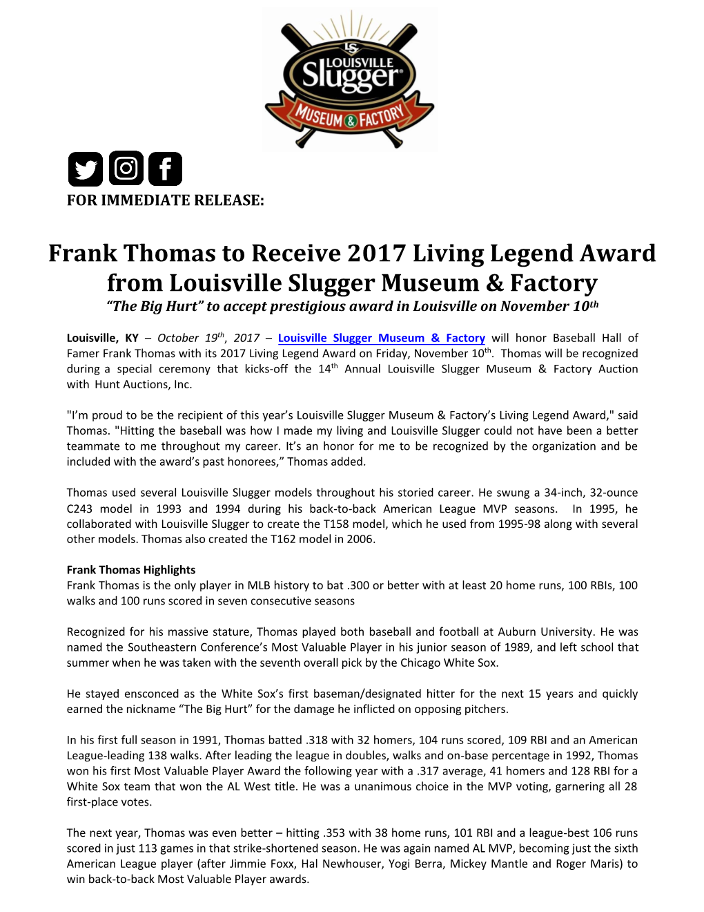 Frank Thomas to Receive 2017 Living Legend Award from Louisville Slugger Museum & Factory
