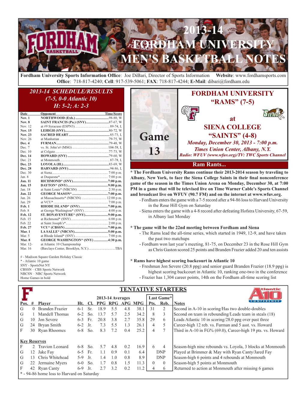 2013-14 Fordham University Men's Basketball Notes