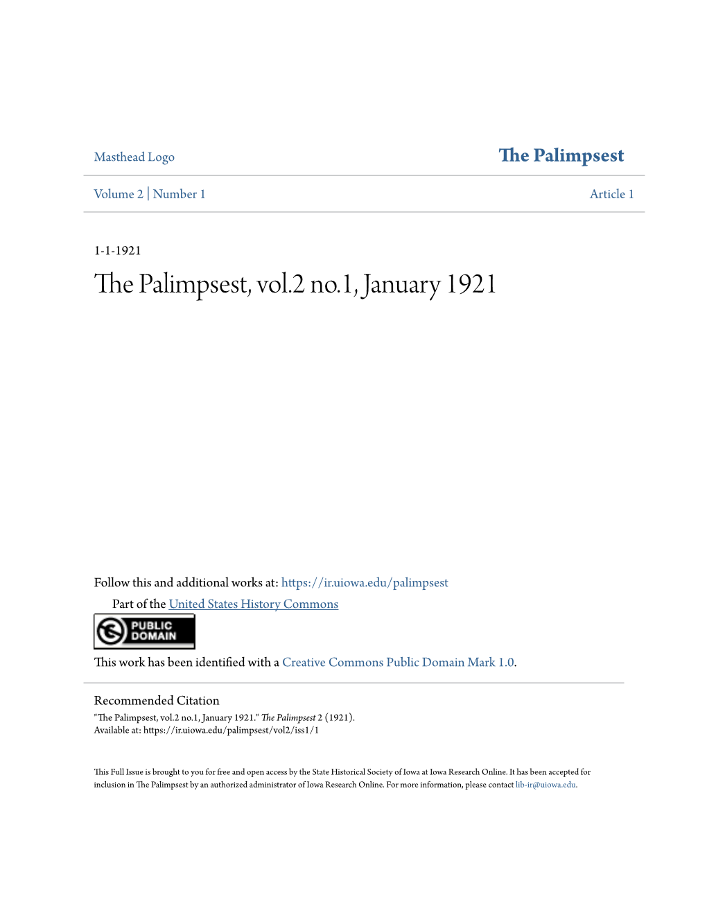 The Palimpsest, Vol.2 No.1, January 1921