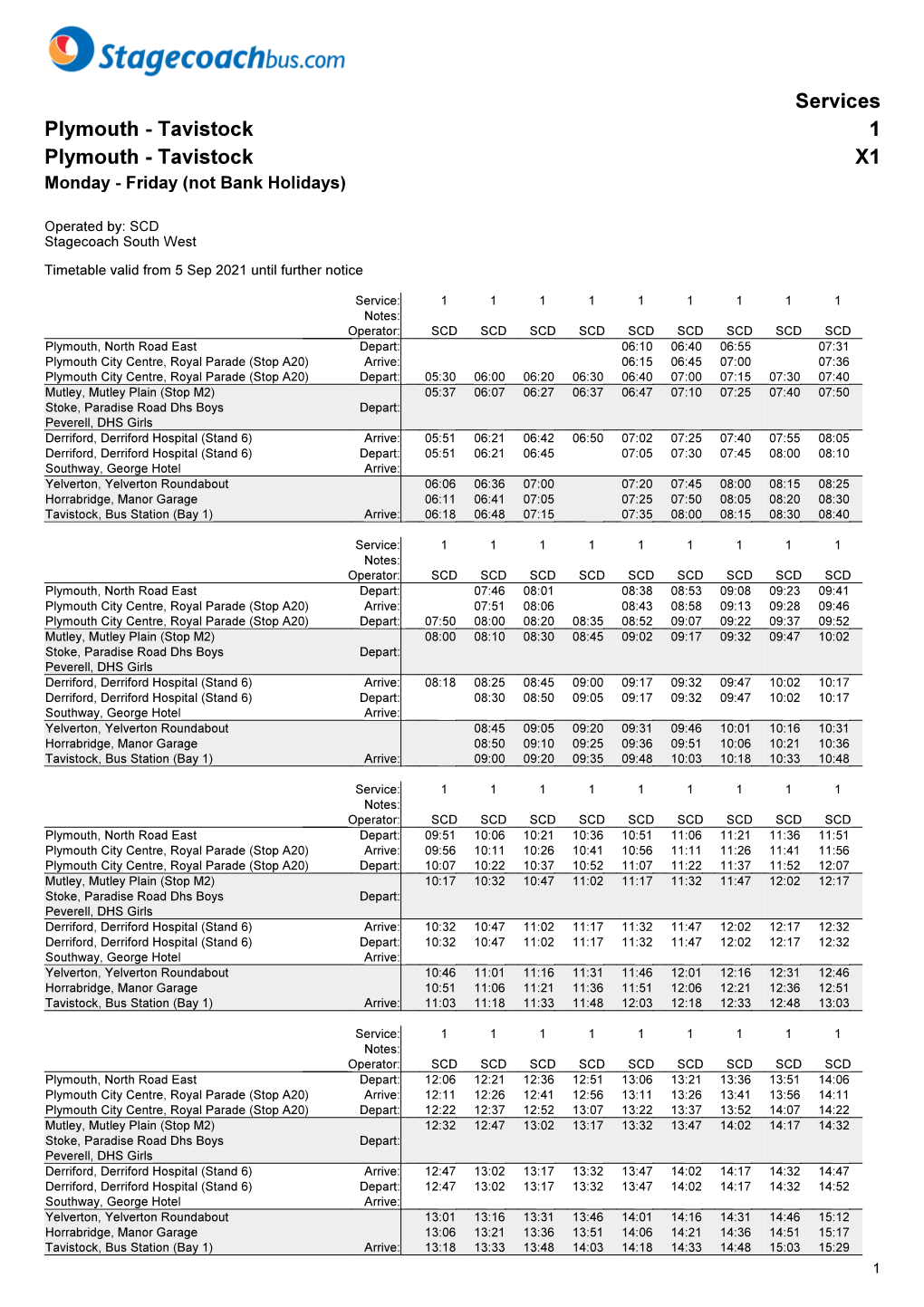 Service Plymouth - Tavistock 1 Saturdays (Not Bank Holidays)