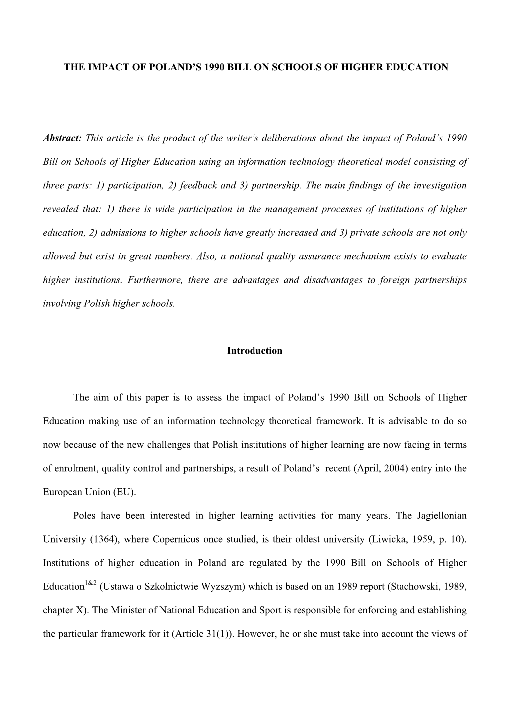 The Impact of Poland's 1990 Bill on Schools of Higher Education