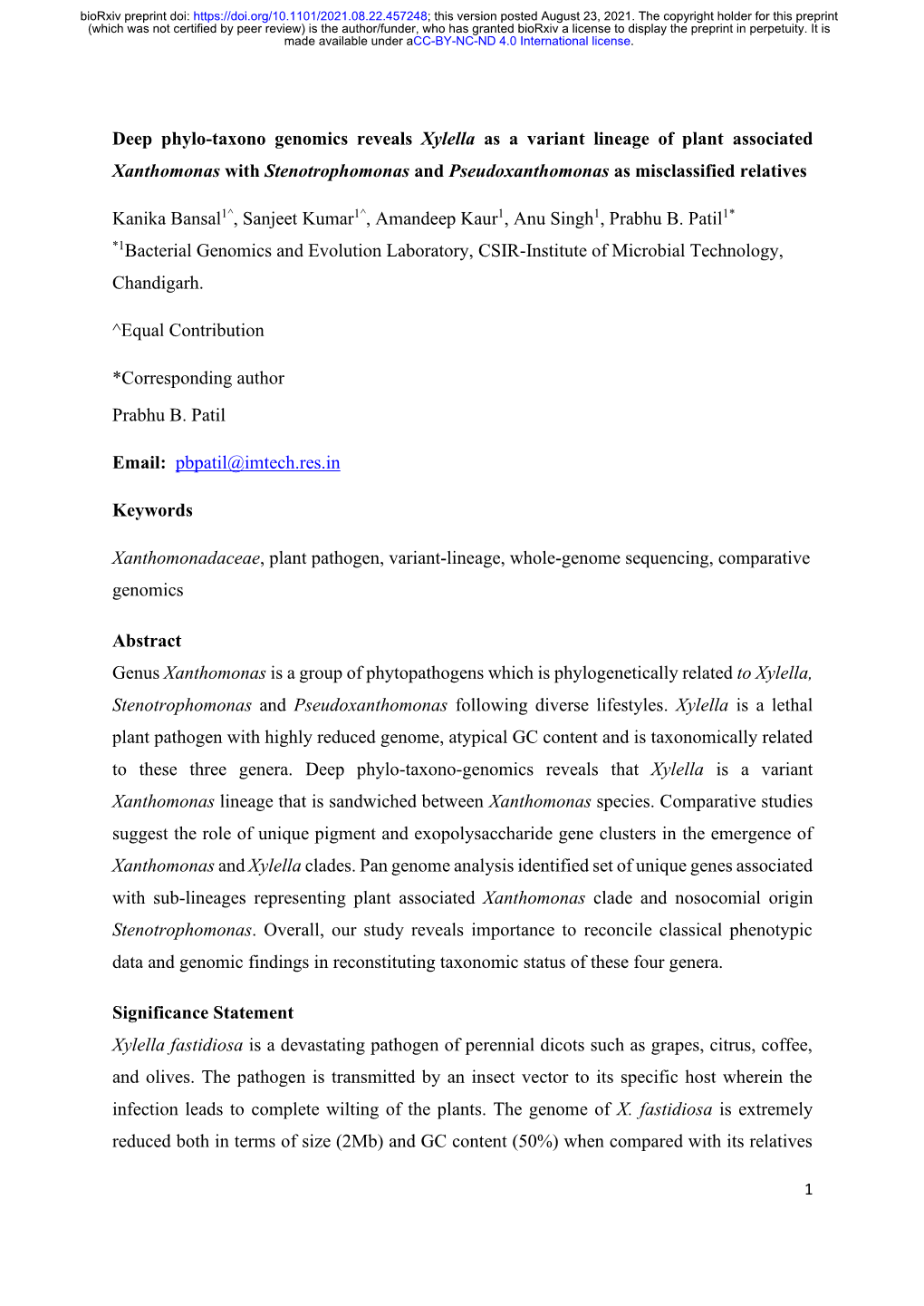 Deep Phylo-Taxono Genomics Reveals Xylella As a Variant Lineage of Plant Associated Xanthomonas with Stenotrophomonas and Pseudo